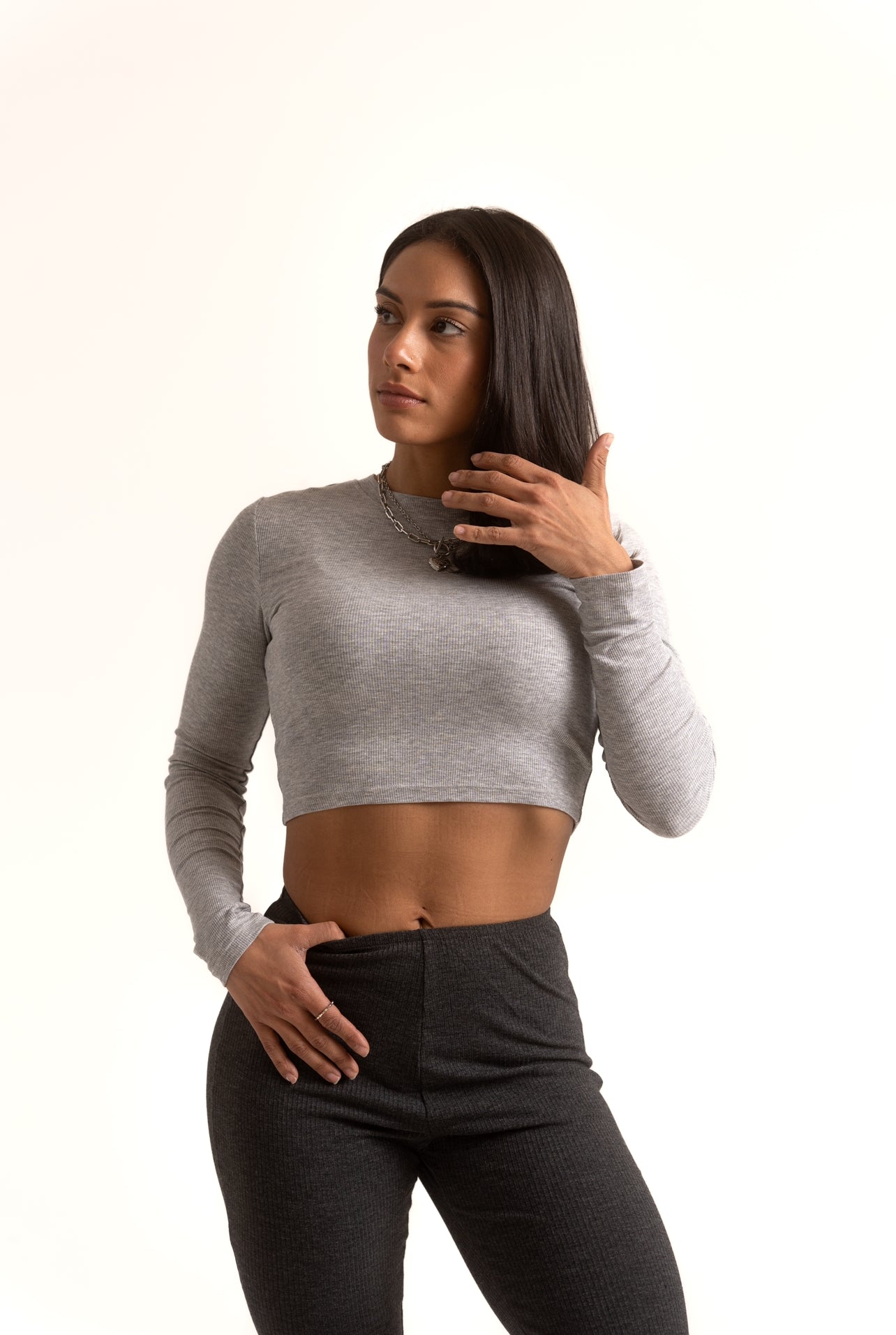 Crop Ribbed Long Sleeve Heather Grey